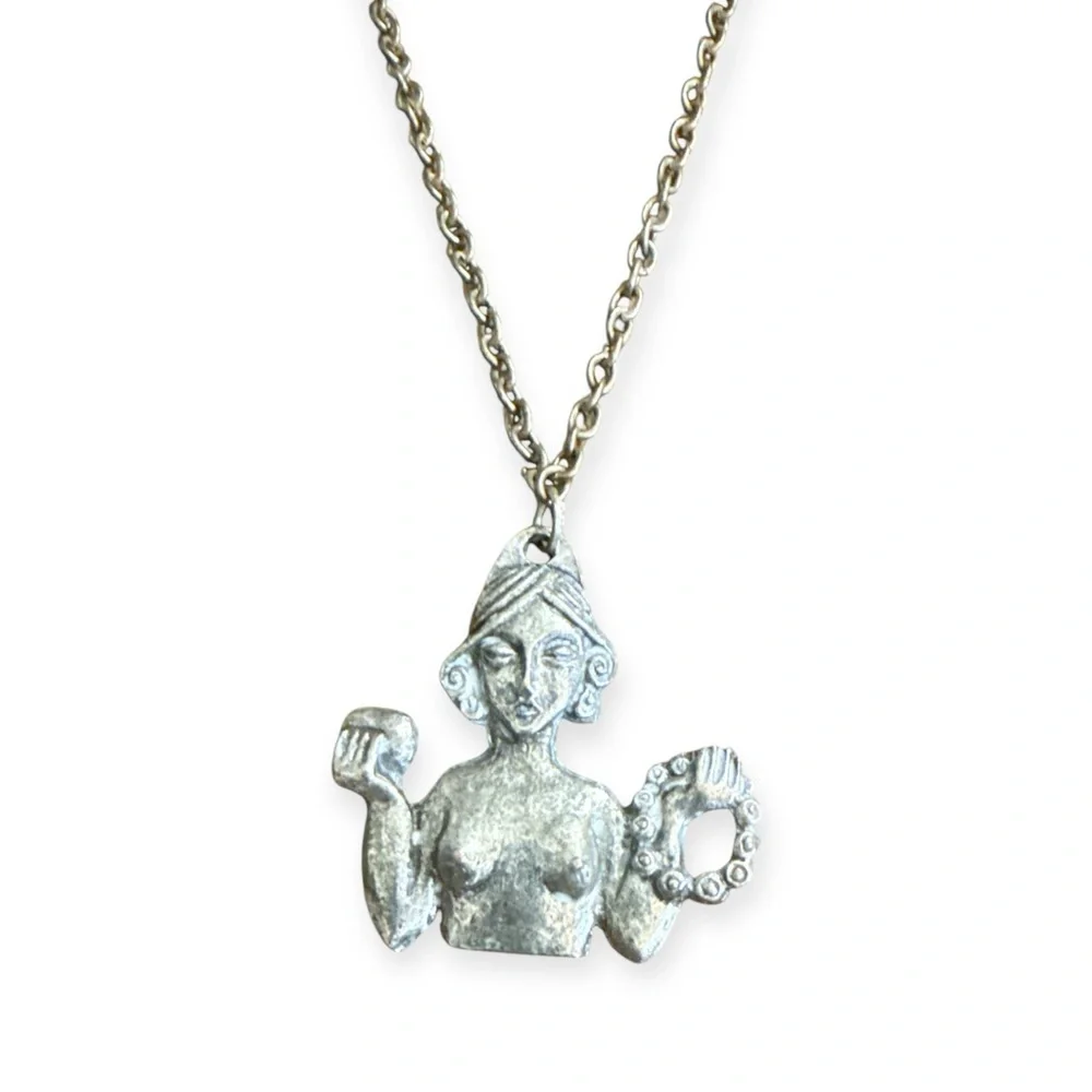 1970’s Boho‎ Estate Silver African Goddess Pendant Necklace, 14.75” Long